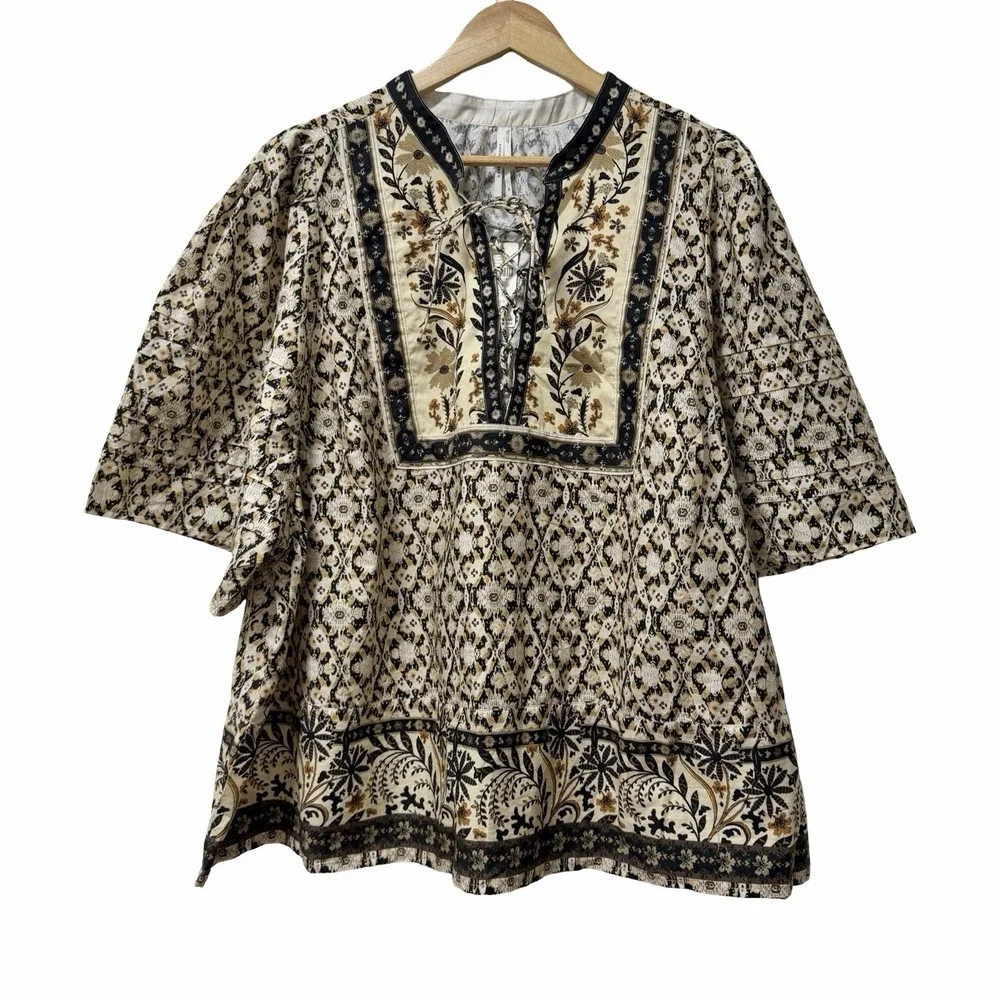 Anthropologie Pleated Floral Puff Sleeve Blouse Size 3X Black Motif Boho NEW